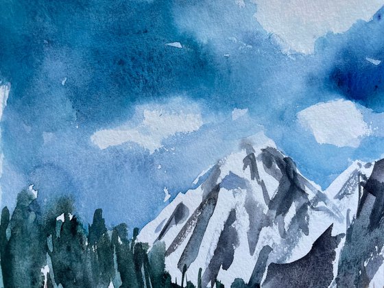Mountain Original Watercolor Painting, Snowy Winter Landscape Artwork, Slovak Home Decor, Christmas Gift
