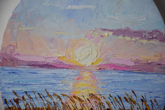 Landscape oval oil painting, sunset seascape wall art, calming decor