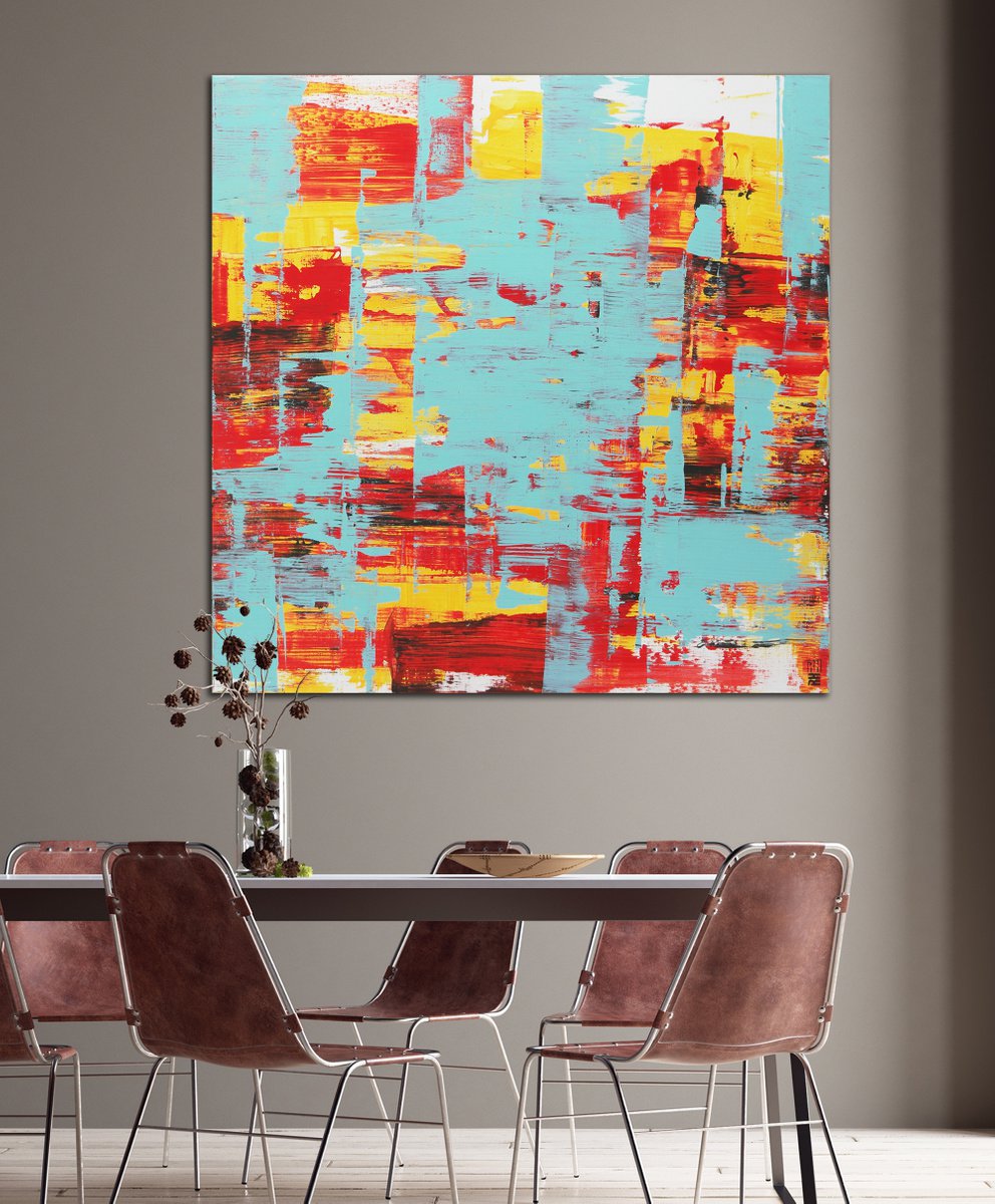 XL Abstract Painting - Static in Red & Turquoise - 120x120 cm - Ronald Hunter - 13J by Ronald Hunter