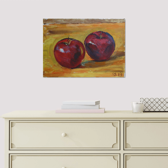 Two red apples. Acrylic on paper. 42x30 cm