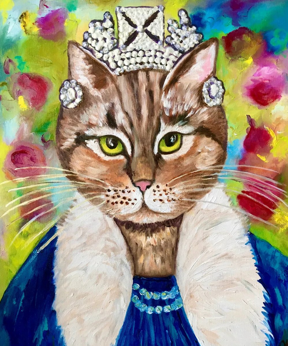 Expressive Animal Oil Painting By Olga Koval, 18 X 22", Cat La Queen, Original Artwork