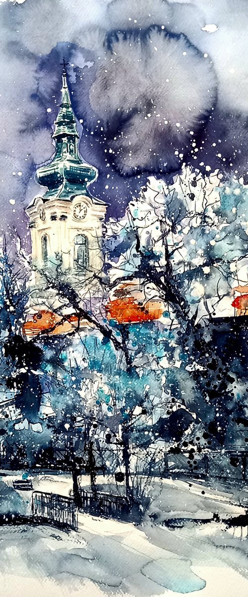 Serbian church at snowfall by Kovács Anna Brigitta