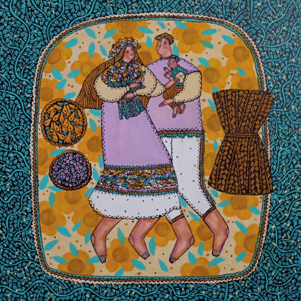 Naive Portrait Acrylic Painting By Tetiana Osadchuk, 12 X 12", Wonderful Life, Original Artwork