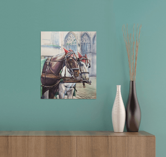 Vienna Horse cart. Old city paintings. Original watercolor painting - Gift for her - Gift for him - Ideas for gift