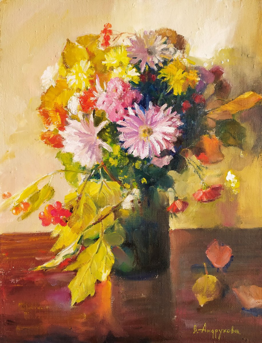 Impressionistic Still Life Oil Painting By Valentina Andrukhova, 12 X 16", Autumn Bouquet, Original Artwork