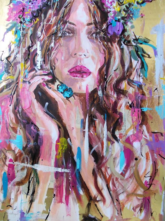 Blue Ring - Woman portrait acrylic mixed media painting on paper