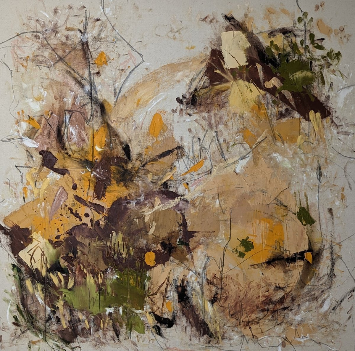 Expressive Abstract Oil Painting By Alena Reit, 35 X 35, March Landscape, Original Artwork