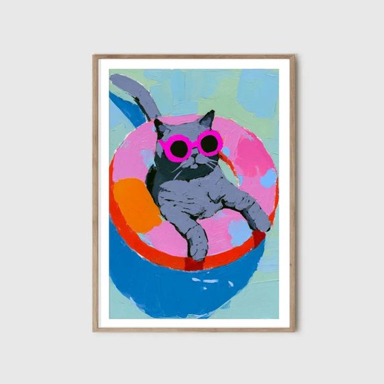 Grey Cat In The Swimming Pool