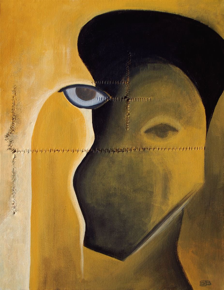 Organic Portrait Acrylic Painting By Stephen Beer, 14 X 18", Saffron, Original Artwork