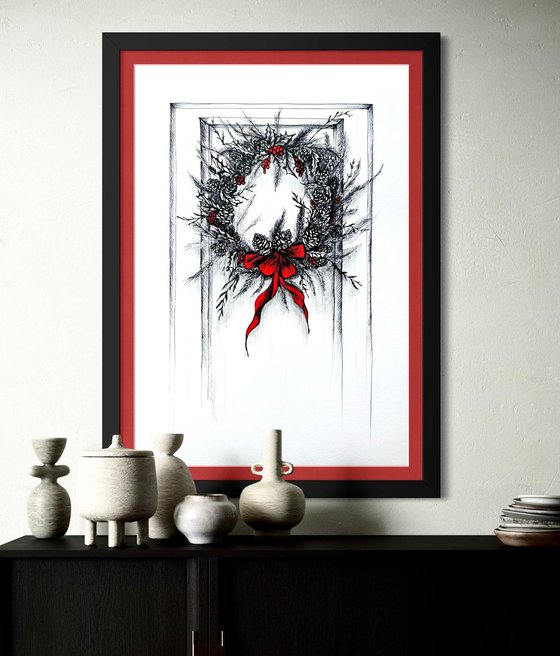 CHRISTMAS WREATH WITH A RED RIBBON