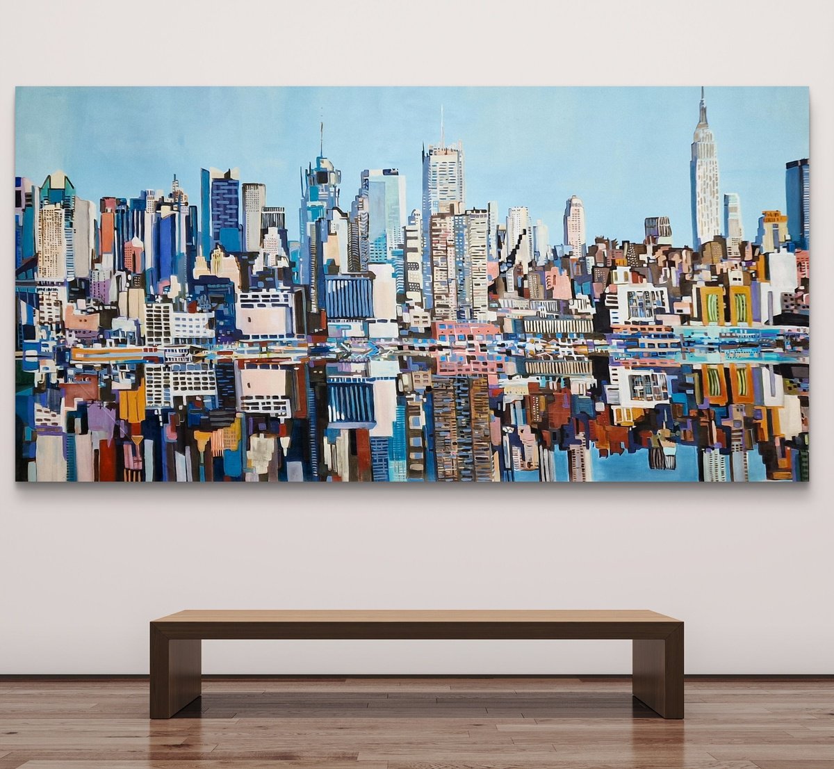 Urban And Pop Acrylic Painting , Urban Skyline Reflection New York By Alexandra Djokic, 79 X 41, Artwork For Sale On Artfinder