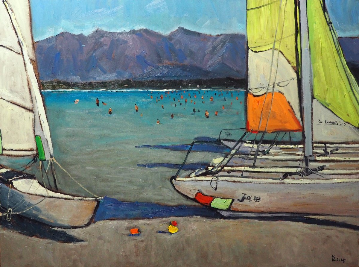 Impressionistic Landscape Oil Painting By Yuanyuan Liu, 31 X 24", Beach In Calvi, Original Artwork