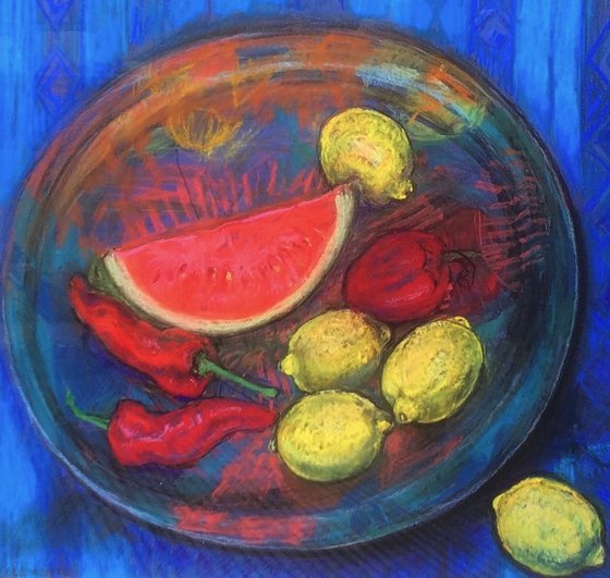 Melon and Lemon still life in pastel