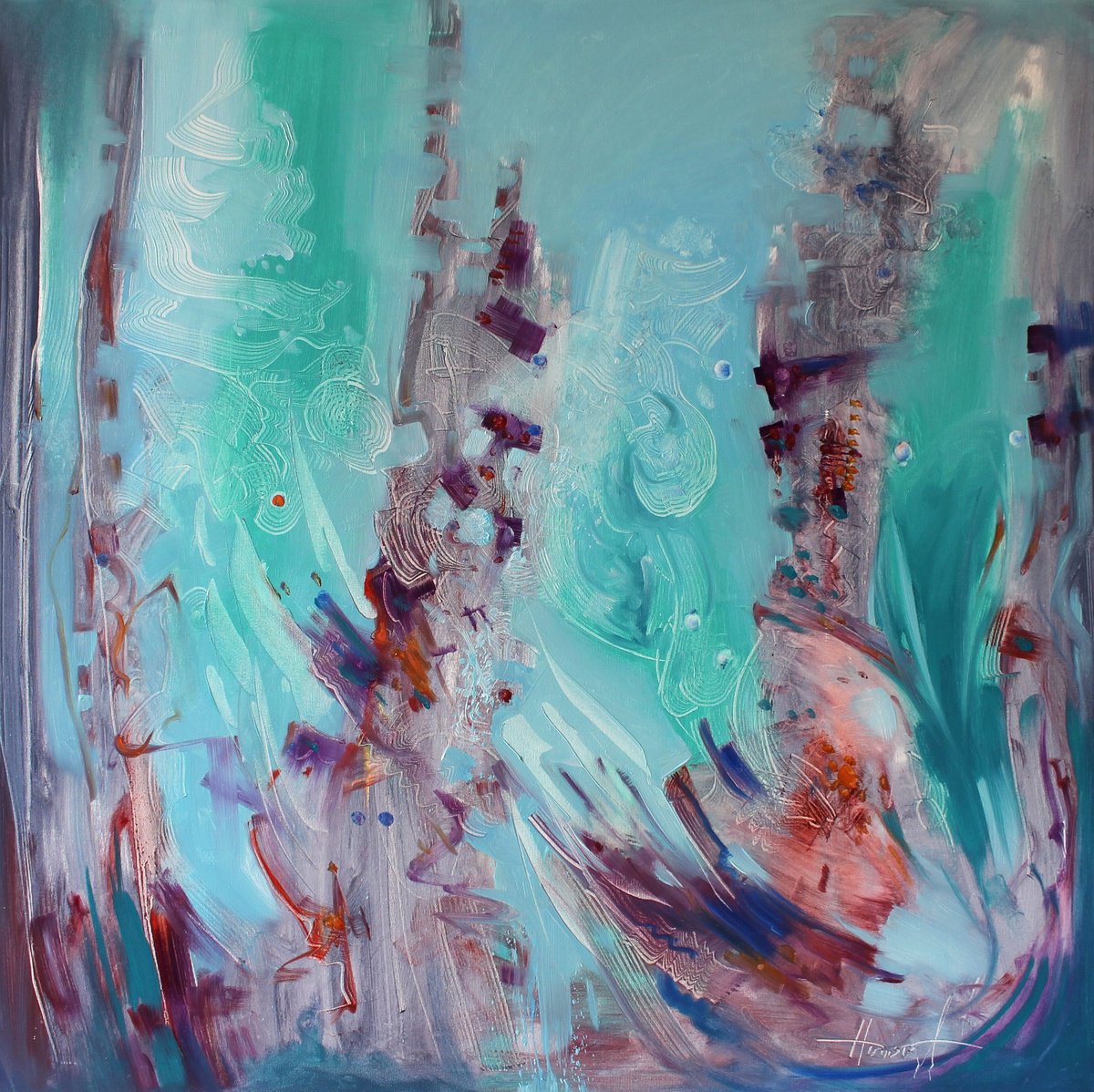 Expressive Abstract Oil Painting By Henadzy Havartsou, 39 X 39, Mint Tea, Original Artwork