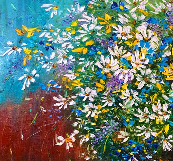 THE DANCE OF WILD FLOWERS - Floral still life. Lovely daisies. Modest cornflowers. Wildflowers. Huge bouquet. Summer colors. Village.