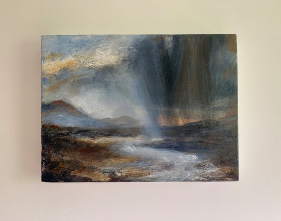 Glen in A Sudden Beam of Light. Semi abstract classical landscape on canvas 30x40cm.