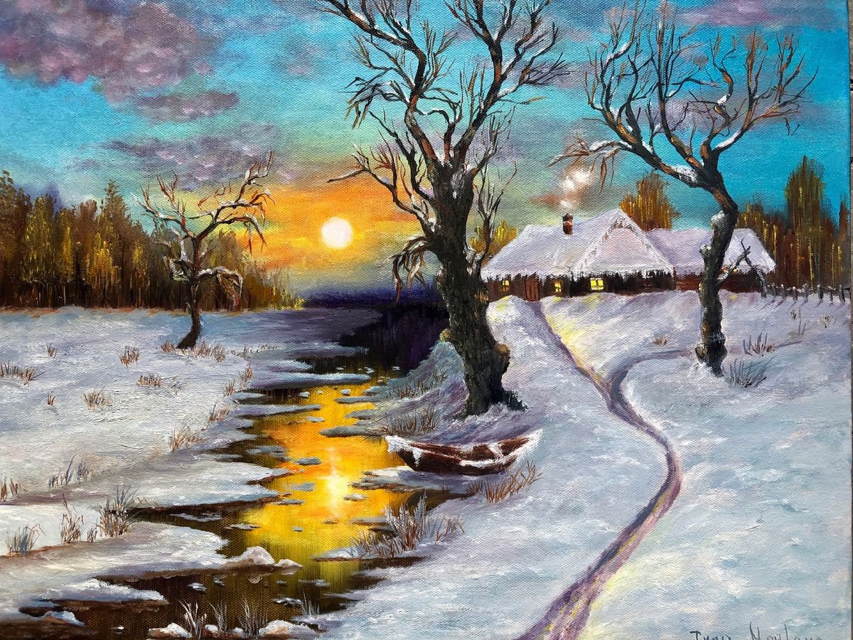 Impressionistic Landscape Oil Painting By Inna Montano, 20 X 16, Silent Night, Original Artwork