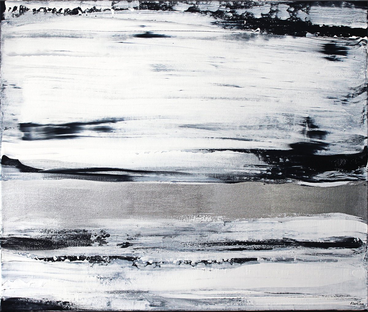 Abstract Acrylic Painting By Viktoriia Epifanova, 24 X 20", Black White And Foil Painting, Original Artwork