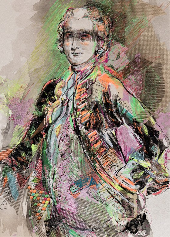 Man Rococo -Cavalier- Portrait mixed media drawing on paper