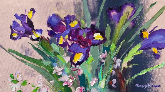 Irises and cherry blossoms. Bouquet sketch. Original oil painting