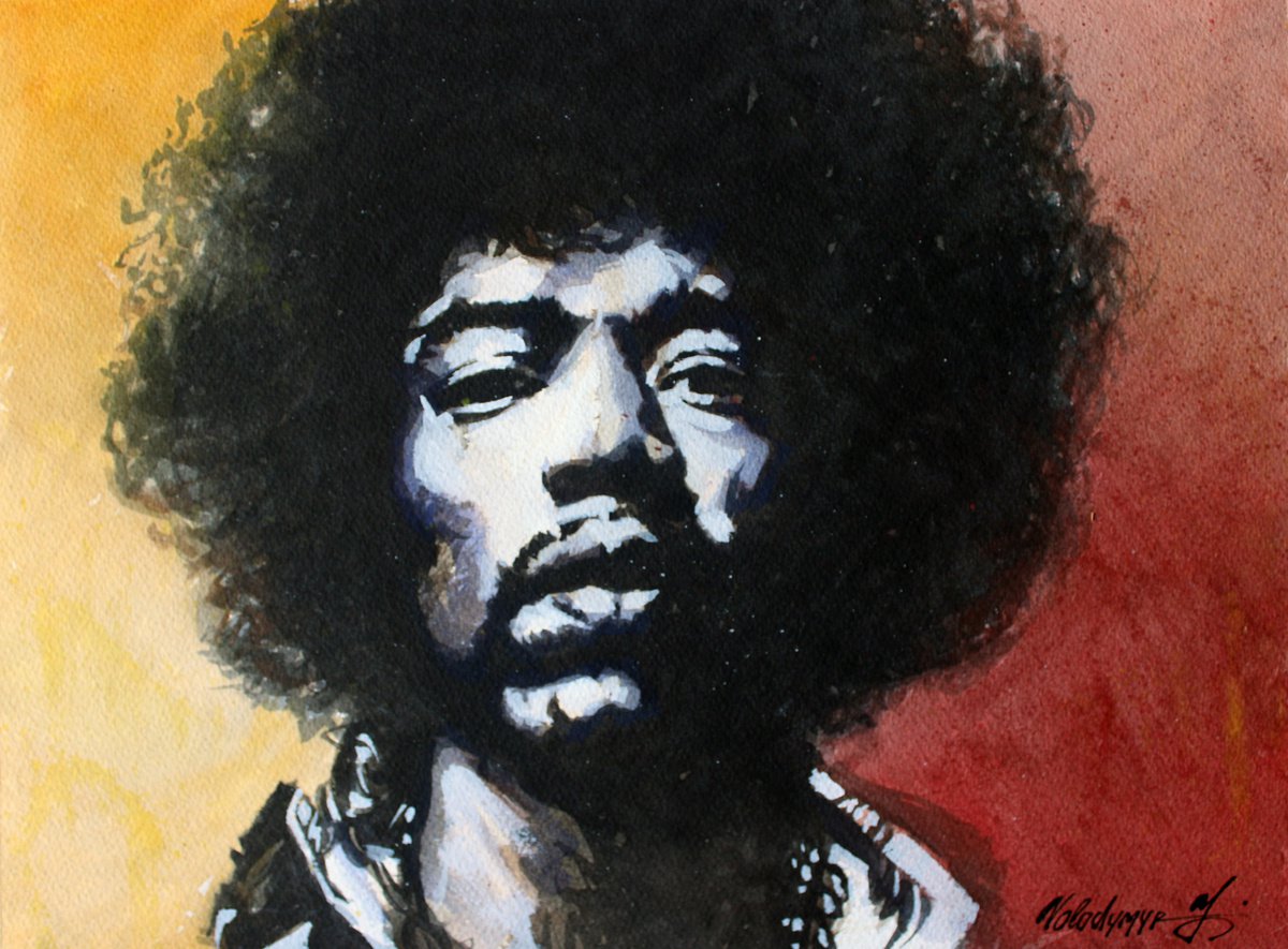 Portrait Watercolour By Volodymyr Melnychuk, 15 X 11", Jimi Hendrix 2, Original Artwork