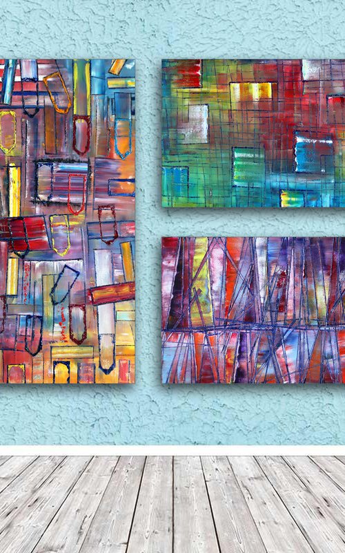 "It Will All Make Sense" - Original Xt Large PMS Abstract Triptych Oil Paintings On Canvas - 66" x 40" by Preston M. Smith (PMS)