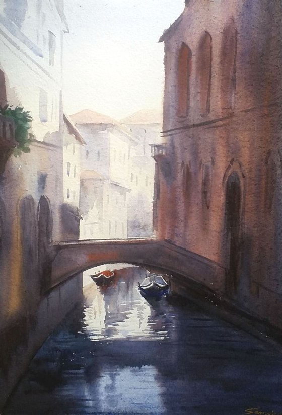 Winter Morning Venice Canals - Watercolor Painting