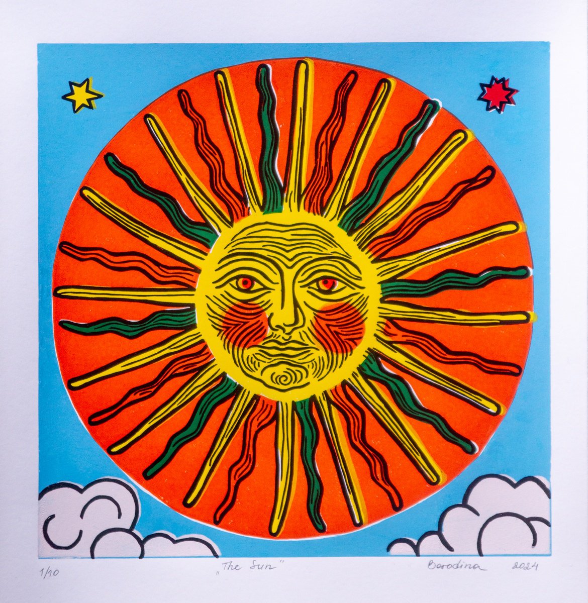 Landscape Linocut By Anastasia Borodina, 14 X 14, The Sun - Limited Edition Linocut Print, Original Artwork