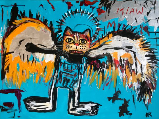 81x61cm Cat La Fallen Angel version of famous painting by Jean-Michel Basquiat