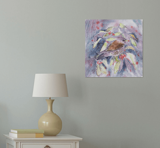 Fieldfare and Winter Berries - Bird painting