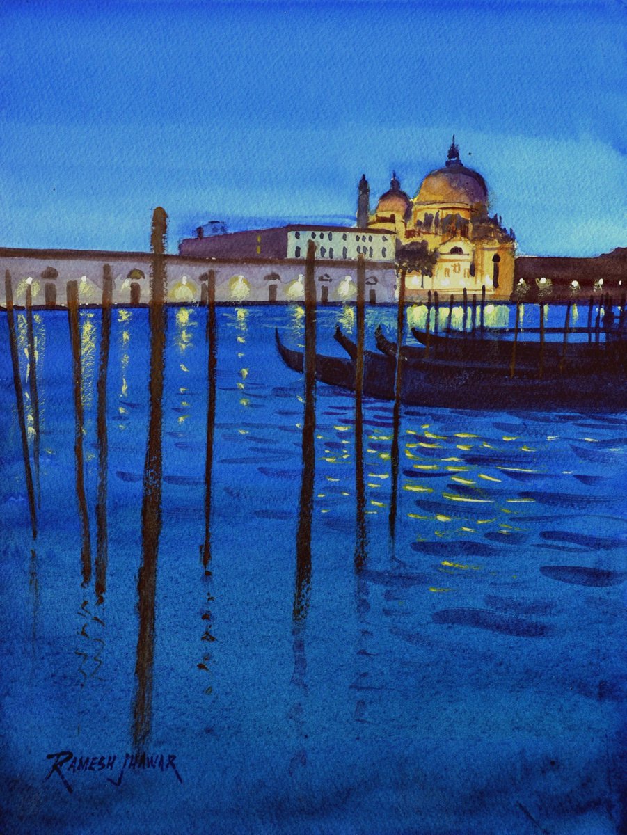 View of the Salute at night, Venice by Ramesh Jhawar