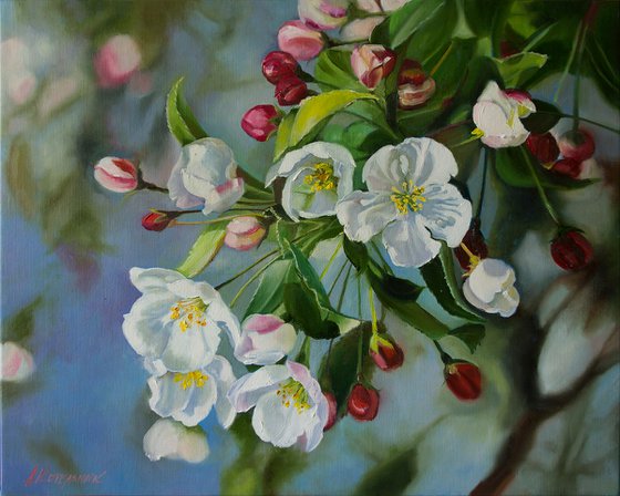 "Spring came"  apple tree flower spring  liGHt original painting PALETTE KNIFE  GIFT (2019)