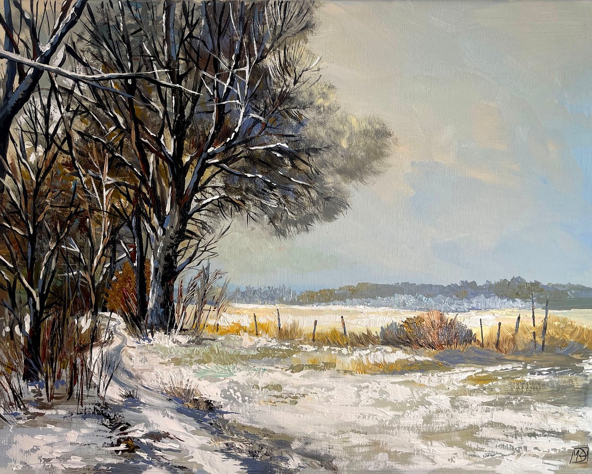 Impressionistic Landscape Acrylic Painting By Maria Kireev, 31 X 25", Cold Morning In The Fields, Original Artwork