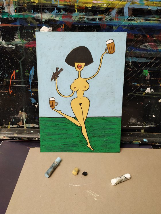 Nude with two beers and fishes