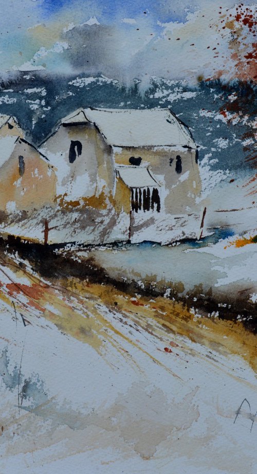 Two old homes in winter - watercolor by Pol Henry Ledent