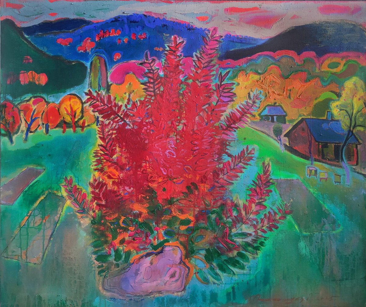 Impressionistic Landscape Acrylic Painting By Pavlo Makedonskyi, 47 X 39", Red Heather, Original Artwork