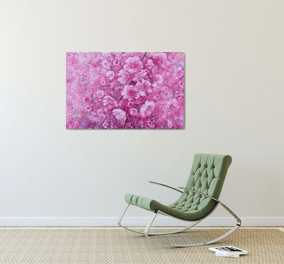 Large abstract flower paintings on canvas, pink blossom artwork, Sakura painting