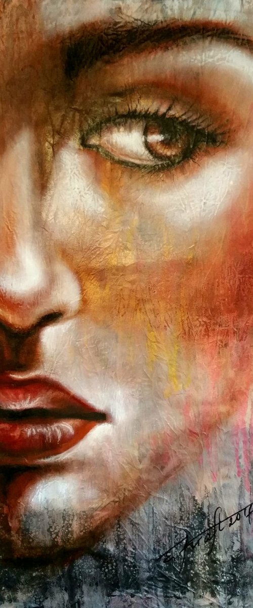 "Golden eye" Original oil large painting on fabric 45x85x2cm.ready to hang by Elena Kraft