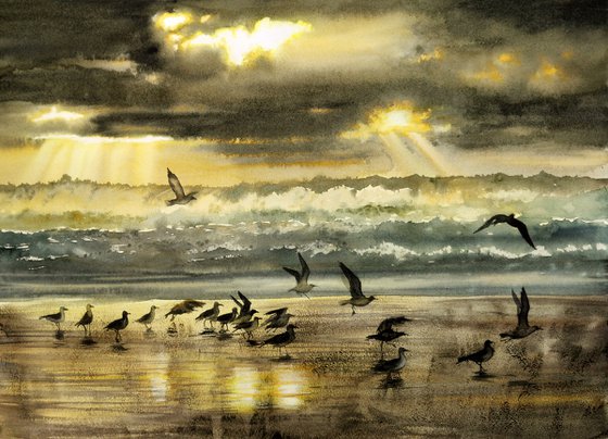 Stormy Coastline  - Seagulls at the Ocean's Shore - Original watercolor painting of seagulls - seascape