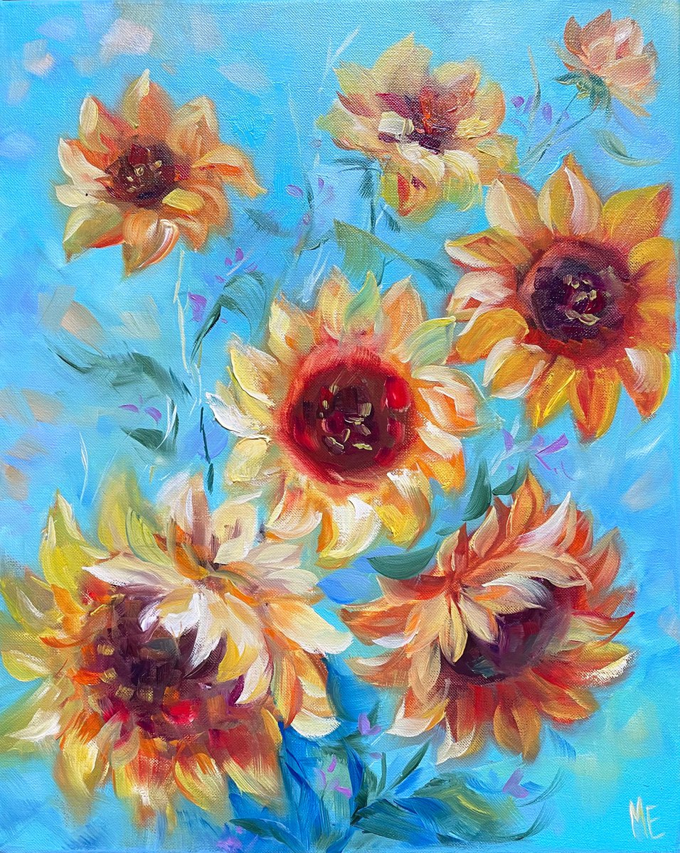 Impressionistic Botanical Oil Painting By Olena Hontar, 16 X 20", Sunflowers Of Peace, Original Artwork