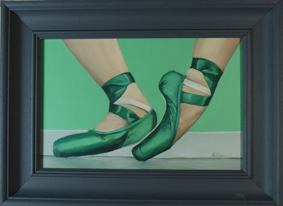 Green Ballet Shoes, Figurative Oil Painting, Ballerina, Dance, Framed and Ready to Hang