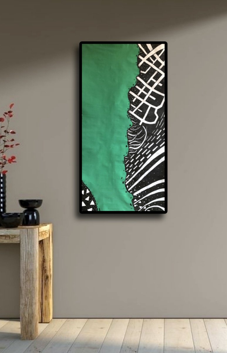 Abstract Painting By Riccardo Ticco Capparella, 28 X 58", Green River #3, Original Artwork