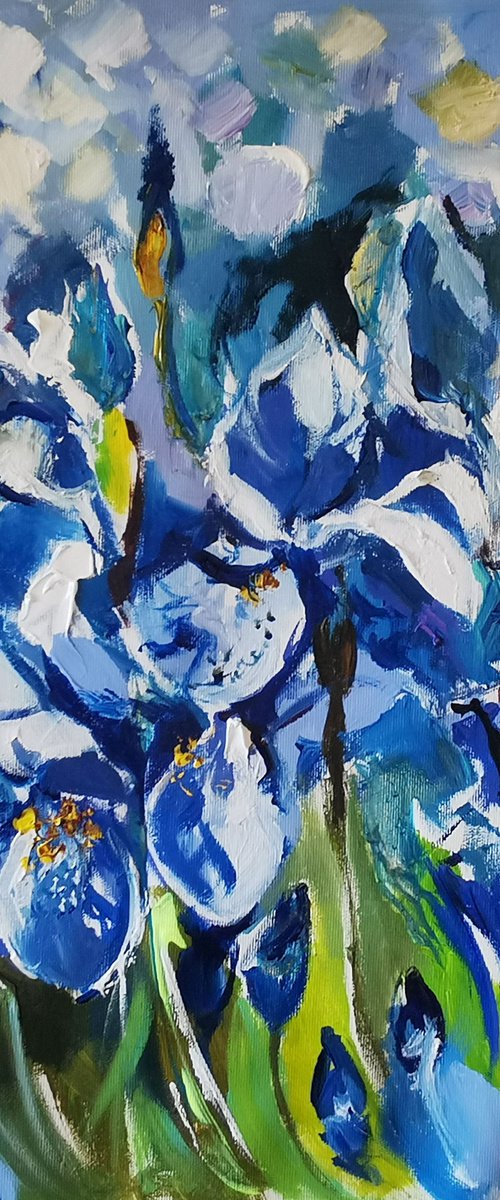 Irises flowers painting, Blue wall art by Annet Loginova