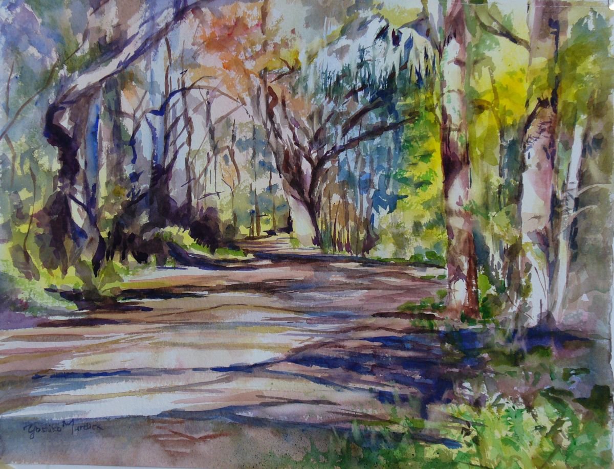 Impressionistic Landscape Watercolour By Yoshiko Murdick, 22 X 17", Sun Lit Path Iii, Original Artwork