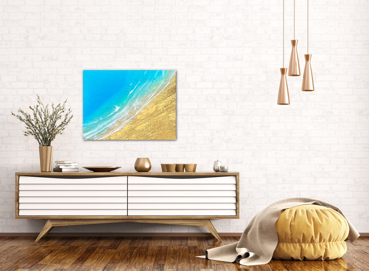 Organic Landscape Painting By Ana Hefco, 24 X 18, Finding Peace - Gold Sand Beach, Original Artwork