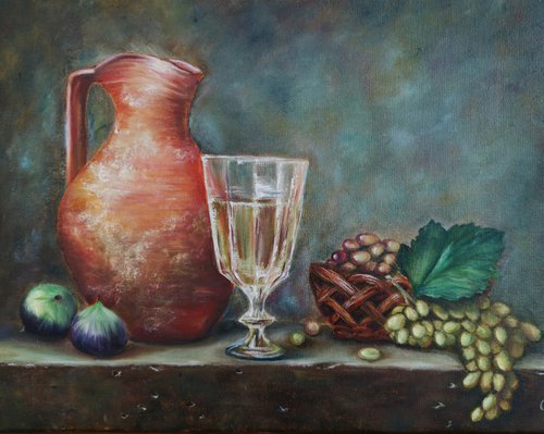 Still Life with Figs, original gift with meaning, original gift, home decor, Still Life with Grapes, Still Life with Figs, Still Life with Jug, Clay Jug, realistic painting, glass with water, still life for the kitchen, still life for the living room by Natalie Demina