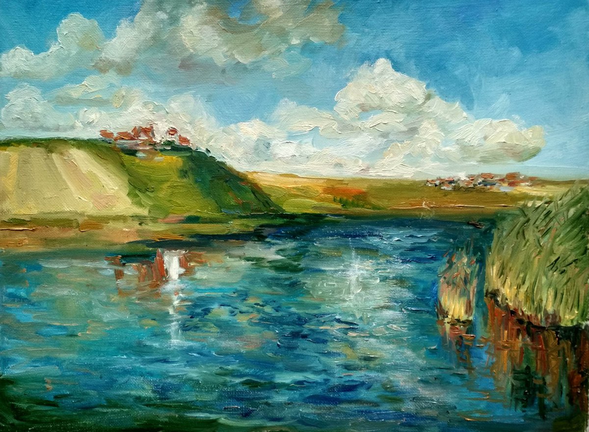Impressionistic Landscape Oil Painting By Ann Krasikova, 16 X 12, Lake And Clouds, Original Artwork