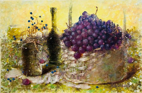 Still Life bottle grape basket