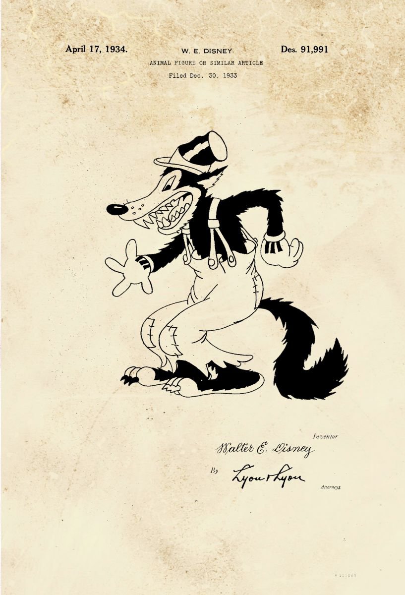 Disney Big Bad Wolf character patent - Sepia - c | Artfinder