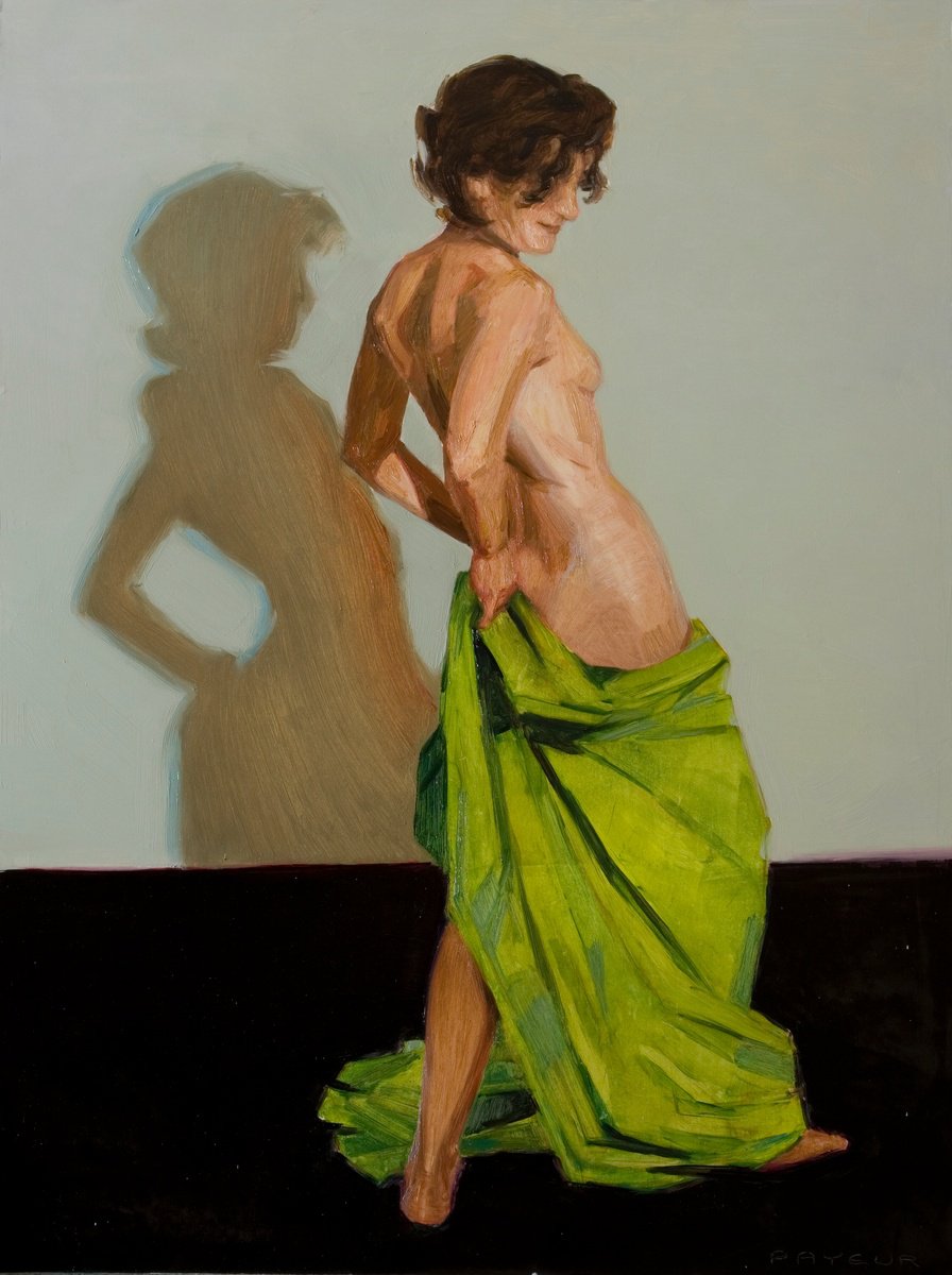 Impressionistic Still Life Oil Painting By Olivier Payeur, 24 X 31", Nude Woman In Green Black Grey, Original Artwork